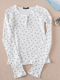 Vintage Floral Print Slim T-shirts Women Sweet Chic Button Round Neck Long Sleeve T Shirt Women Autumn Streetwear Y2k Tops 2024