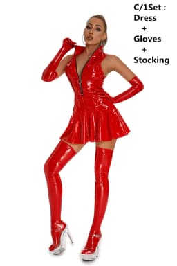 3PCS Women Sexy Glossy Leather Sheath Dress Lady Erotic Shaping Pleated Short Dress Zipper Porn Breast Exposing Latex Mini Skirt