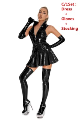 3PCS Women Sexy Glossy Leather Sheath Dress Lady Erotic Shaping Pleated Short Dress Zipper Porn Breast Exposing Latex Mini Skirt