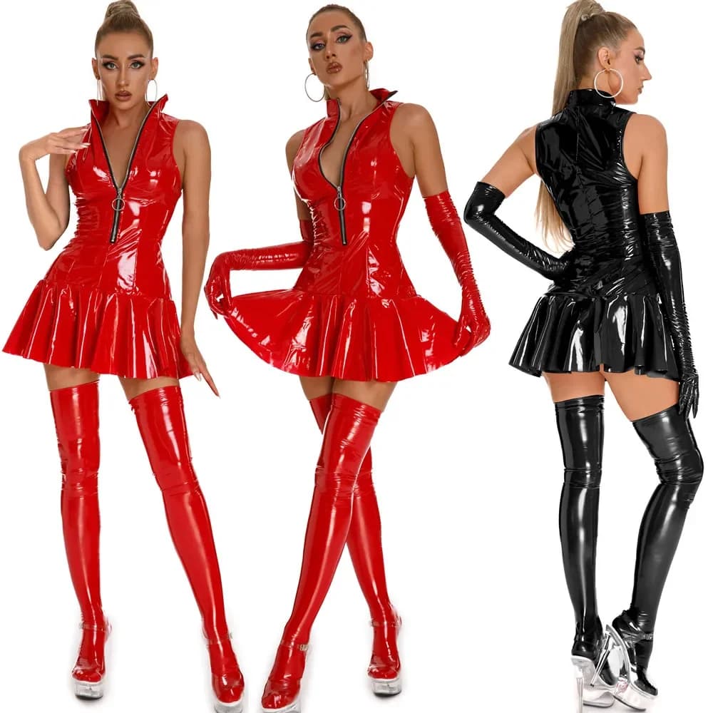 3PCS Women Sexy Glossy Leather Sheath Dress Lady Erotic Shaping Pleated Short Dress Zipper Porn Breast Exposing Latex Mini Skirt