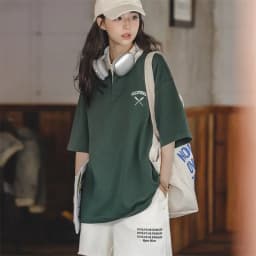 Maden Women's Oversized Polo Shirt Green White Color Block Drop Shoulder Short Sleeve Cotton Summer Casual Top