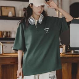 Maden Women's Oversized Polo Shirt Green White Color Block Drop Shoulder Short Sleeve Cotton Summer Casual Top