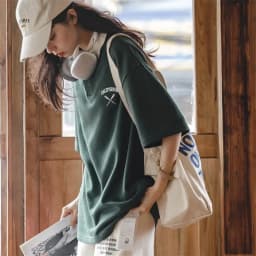Maden Women's Oversized Polo Shirt Green White Color Block Drop Shoulder Short Sleeve Cotton Summer Casual Top