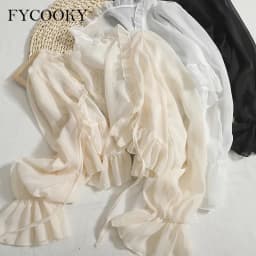 2025 Flounce Chiffon Sunscreen Shirt Women Summer Ice Silk Solid Thin Sweet Ruched Flare Sleeve V-neck Cardigans Female