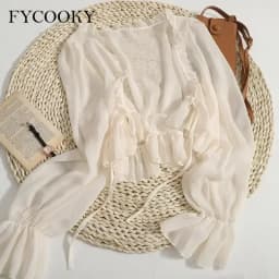 2025 Flounce Chiffon Sunscreen Shirt Women Summer Ice Silk Solid Thin Sweet Ruched Flare Sleeve V-neck Cardigans Female