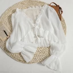 2025 Flounce Chiffon Sunscreen Shirt Women Summer Ice Silk Solid Thin Sweet Ruched Flare Sleeve V-neck Cardigans Female