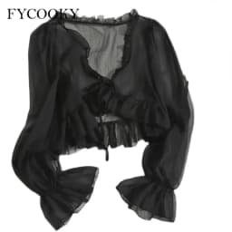 2025 Flounce Chiffon Sunscreen Shirt Women Summer Ice Silk Solid Thin Sweet Ruched Flare Sleeve V-neck Cardigans Female