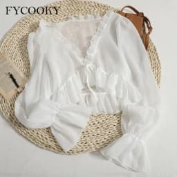 2025 Flounce Chiffon Sunscreen Shirt Women Summer Ice Silk Solid Thin Sweet Ruched Flare Sleeve V-neck Cardigans Female