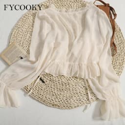 2025 Flounce Chiffon Sunscreen Shirt Women Summer Ice Silk Solid Thin Sweet Ruched Flare Sleeve V-neck Cardigans Female