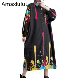 Amax luluE 2025 Autumn Luxury Streetwear Womens Fashion Loose Printed Design Dresses Ladies Casual Vintage Classic Long Vestidos