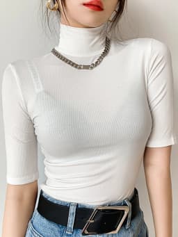 Women's Basic Cotton Turtleneck T-Shirt, Slim Top, Short Sleeve, Casual, Elasticity, White Tee Shirt, Female Top