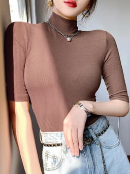 Women's Basic Cotton Turtleneck T-Shirt, Slim Top, Short Sleeve, Casual, Elasticity, White Tee Shirt, Female Top