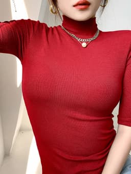 Women's Basic Cotton Turtleneck T-Shirt, Slim Top, Short Sleeve, Casual, Elasticity, White Tee Shirt, Female Top