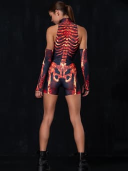 Bone Printed Playsuit Women Y2K Jumpsuits High Waist Hollow Out Gloves Bodycon Short Sleeves Rompers Sexy Club Bodysuits Female