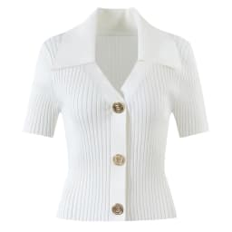 SML High Quality Fashion High Elastic Knitted Polo Collar B Button V-Neck Button Short Sleeve Slim Fit Casual Women's Cardigan