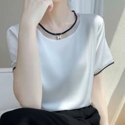 Silk Women's T-Shirts Summer O-Neck Short Sleeve Tees Casual Solid Color Bottom Lace T-Shirt Loose Female Tops Pullover Clothe