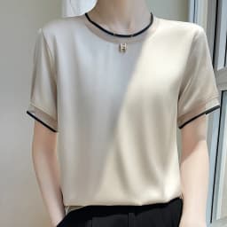 Silk Women's T-Shirts Summer O-Neck Short Sleeve Tees Casual Solid Color Bottom Lace T-Shirt Loose Female Tops Pullover Clothe