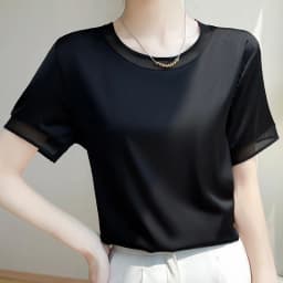 Silk Women's T-Shirts Summer O-Neck Short Sleeve Tees Casual Solid Color Bottom Lace T-Shirt Loose Female Tops Pullover Clothe