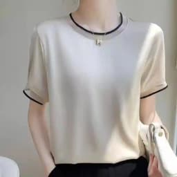 Silk Women's T-Shirts Summer O-Neck Short Sleeve Tees Casual Solid Color Bottom Lace T-Shirt Loose Female Tops Pullover Clothe