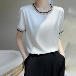 Silk Women's T-Shirts Summer O-Neck Short Sleeve Tees Casual Solid Color Bottom Lace T-Shirt Loose Female Tops Pullover Clothe