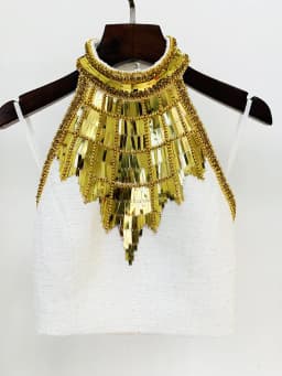 HIGH STREET Newest Fashion 2026 Designer Tops Women's Stunning Metallic Diamonds Beaded Halter Neck Tweed Camis Tank Tops