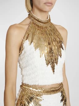 HIGH STREET Newest Fashion 2026 Designer Tops Women's Stunning Metallic Diamonds Beaded Halter Neck Tweed Camis Tank Tops