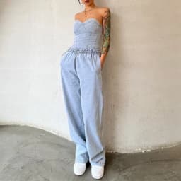 Vintage Denim Two Piece Sets Women Sleeveless Strapless Slim Fit Vest Top and Elastic High Waist Pocket Straight Wide Leg Pants