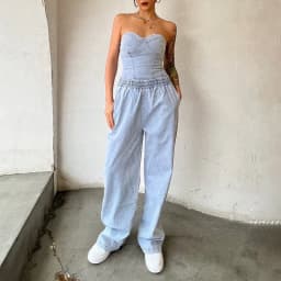Vintage Denim Two Piece Sets Women Sleeveless Strapless Slim Fit Vest Top and Elastic High Waist Pocket Straight Wide Leg Pants