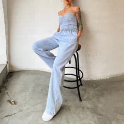 Vintage Denim Two Piece Sets Women Sleeveless Strapless Slim Fit Vest Top and Elastic High Waist Pocket Straight Wide Leg Pants