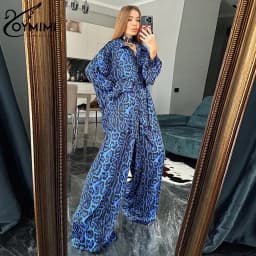 Oymimi Fashion Leopard Print 2 Piece Sets Women Outfit 2023 Elegant Long Sleeve Shirt With High Waist Wide Pants Set Streetwear