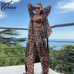 Oymimi Fashion Leopard Print 2 Piece Sets Women Outfit 2023 Elegant Long Sleeve Shirt With High Waist Wide Pants Set Streetwear