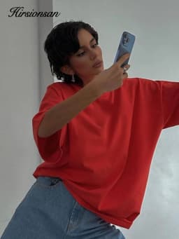Hirsionsan 100% Cotton T Shirt Women 2024 Summer New Oversized Solid Tees Casual Basic Loose Tshirt Chic O Neck Female Tops