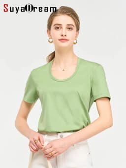 SuyaDream, Women Solid T Shirts, Silk Cotton Blend, Square Collar, Short Sleeved Tee, 2025 Summer Candy Colors Basic Cozy Top