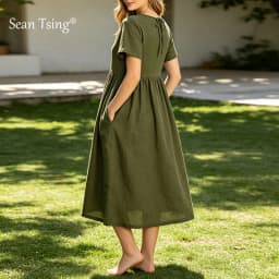 Women Cotton Linen Midi Dresses Summer Chic Female Vestidos Loose A-Line Dress Short Puffy Sleeve Casual Sundress