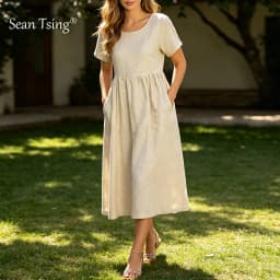 Women Cotton Linen Midi Dresses Summer Chic Female Vestidos Loose A-Line Dress Short Puffy Sleeve Casual Sundress