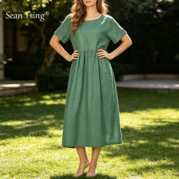 Women Cotton Linen Midi Dresses Summer Chic Female Vestidos Loose A-Line Dress Short Puffy Sleeve Casual Sundress