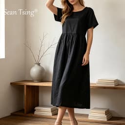 Women Cotton Linen Midi Dresses Summer Chic Female Vestidos Loose A-Line Dress Short Puffy Sleeve Casual Sundress