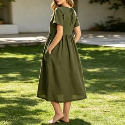 Women Cotton Linen Midi Dresses Summer Chic Female Vestidos Loose A-Line Dress Short Puffy Sleeve Casual Sundress