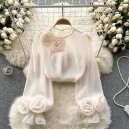 Sexy Puff Sleeve Long Sleeve O-Neck 3D Floral Pleated Blouse Slim Elegant Fashion Basic Chic Spring Summer Women Chiffon Shirt