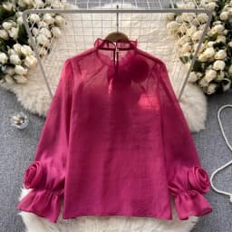 Sexy Puff Sleeve Long Sleeve O-Neck 3D Floral Pleated Blouse Slim Elegant Fashion Basic Chic Spring Summer Women Chiffon Shirt