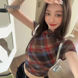 Tonngirls Y2k Vintage Mesh Tops Short Sleeve Plaid See Through T Shirt Women Streetwear 2000s Japanese Fariycore Tee Tops Summer