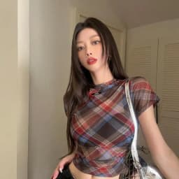 Tonngirls Y2k Vintage Mesh Tops Short Sleeve Plaid See Through T Shirt Women Streetwear 2000s Japanese Fariycore Tee Tops Summer