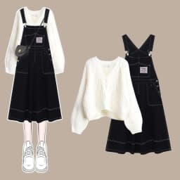 New Women Spring Autumn Cartoon Knit Tops Denim Sleeveless Dress 1 or 2 Piece Set Lady Casual Sweater Overalls Dresses Suit 2024