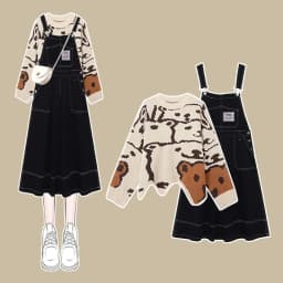 New Women Spring Autumn Cartoon Knit Tops Denim Sleeveless Dress 1 or 2 Piece Set Lady Casual Sweater Overalls Dresses Suit 2024