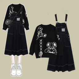 New Women Spring Autumn Cartoon Knit Tops Denim Sleeveless Dress 1 or 2 Piece Set Lady Casual Sweater Overalls Dresses Suit 2024