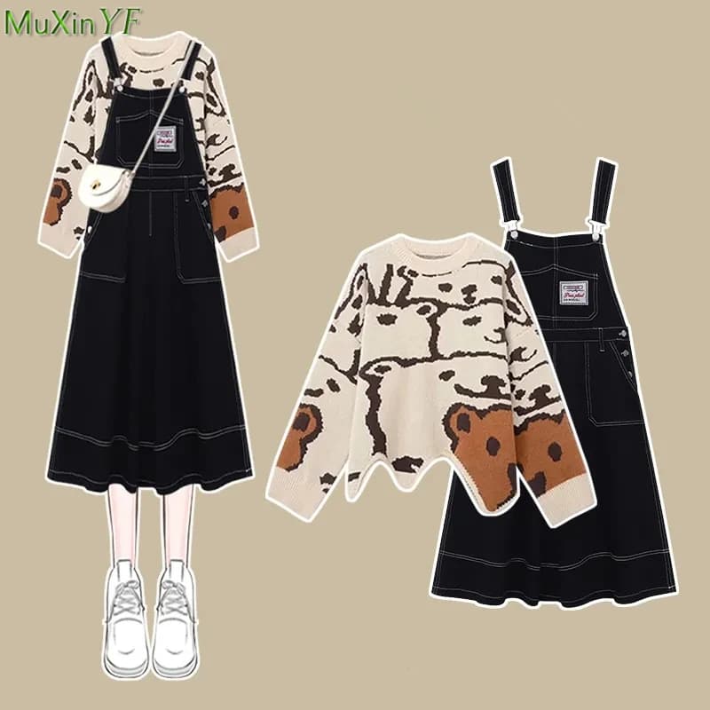 New Women Spring Autumn Cartoon Knit Tops Denim Sleeveless Dress 1 or 2 Piece Set Lady Casual Sweater Overalls Dresses Suit 2024