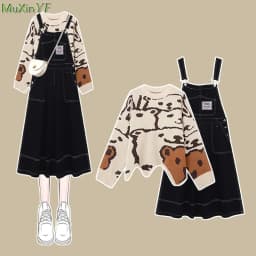 New Women Spring Autumn Cartoon Knit Tops Denim Sleeveless Dress 1 or 2 Piece Set Lady Casual Sweater Overalls Dresses Suit 2024