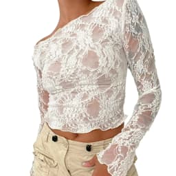 Sexy Women Lace Mesh Sheer Crop Tops Long Sleeve See Through T Shirt Going Out Tops Slim Fit Cover Up Blouse Top