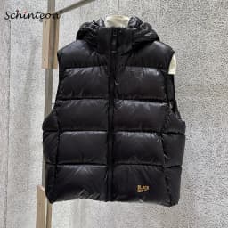 Schinteon Women White Duck Down Vest with Hood Casual Over Size Autumn Winter Warm Loose Thick Bright Black Sleeveless Jacket