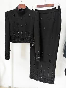 HIGH STREET Newest 2026 Designer Runway Suit Set Women's Stand Collar Zip Back Cropped Tops Long Skirt Set 2pcs